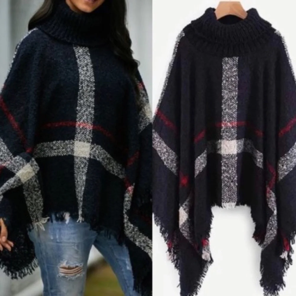 Cozy Red Turtleneck Plaid Frayed Hem Poncho - Picture 8 of 13